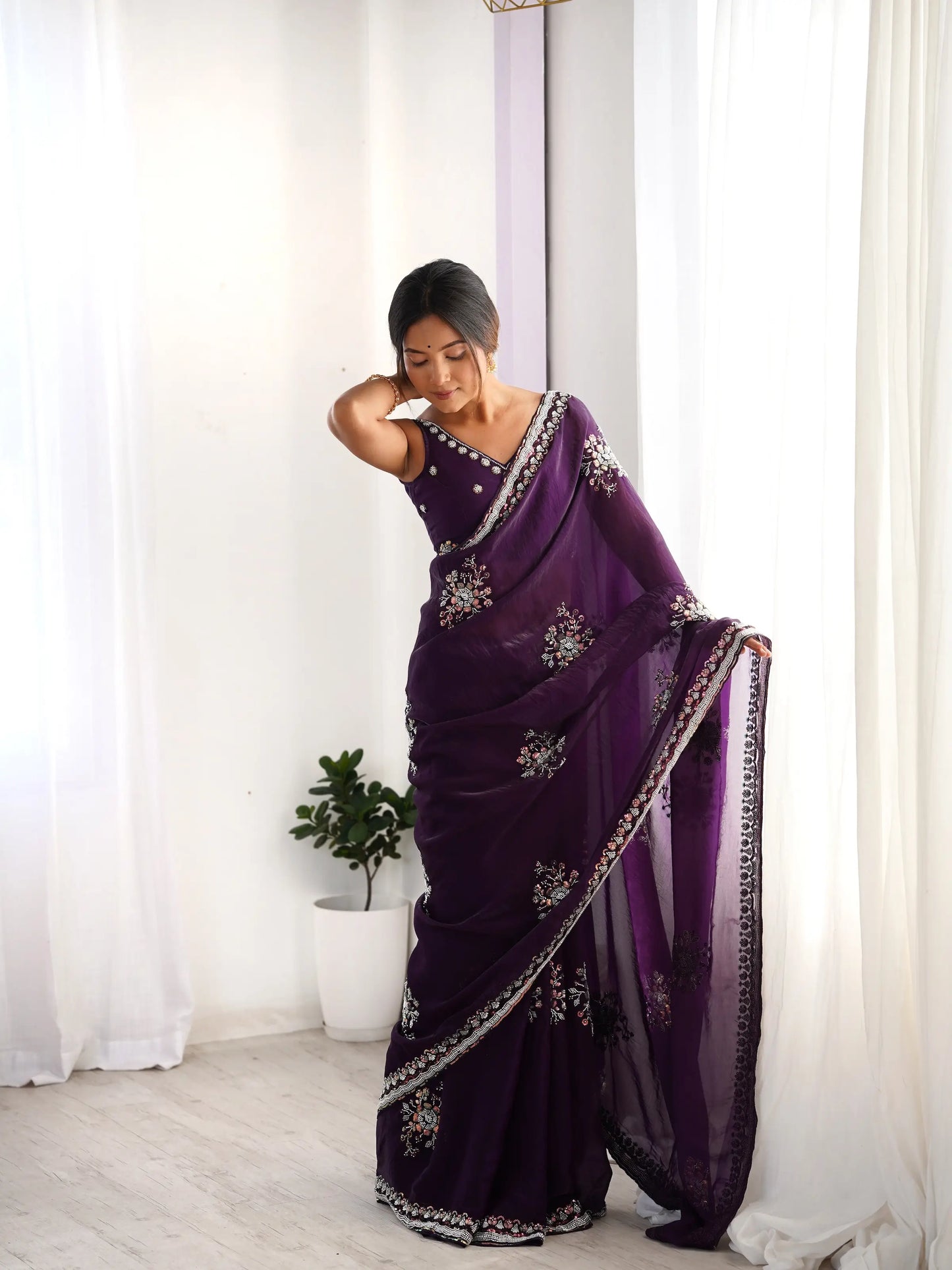 Dark Purple Fendi Silk Hand Work Saree