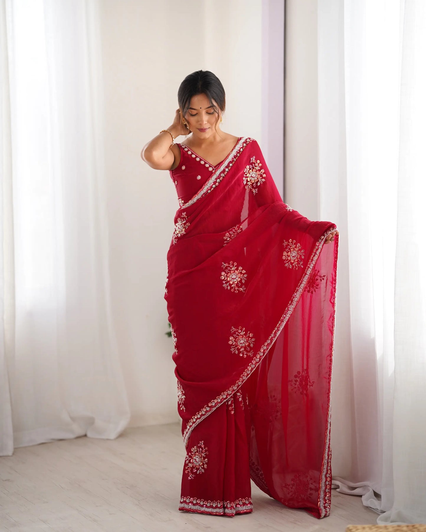 Bright Red Fendi Silk Hand Work Saree
