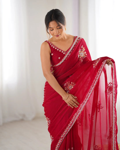 Bright Red Fendi Silk Hand Work Saree
