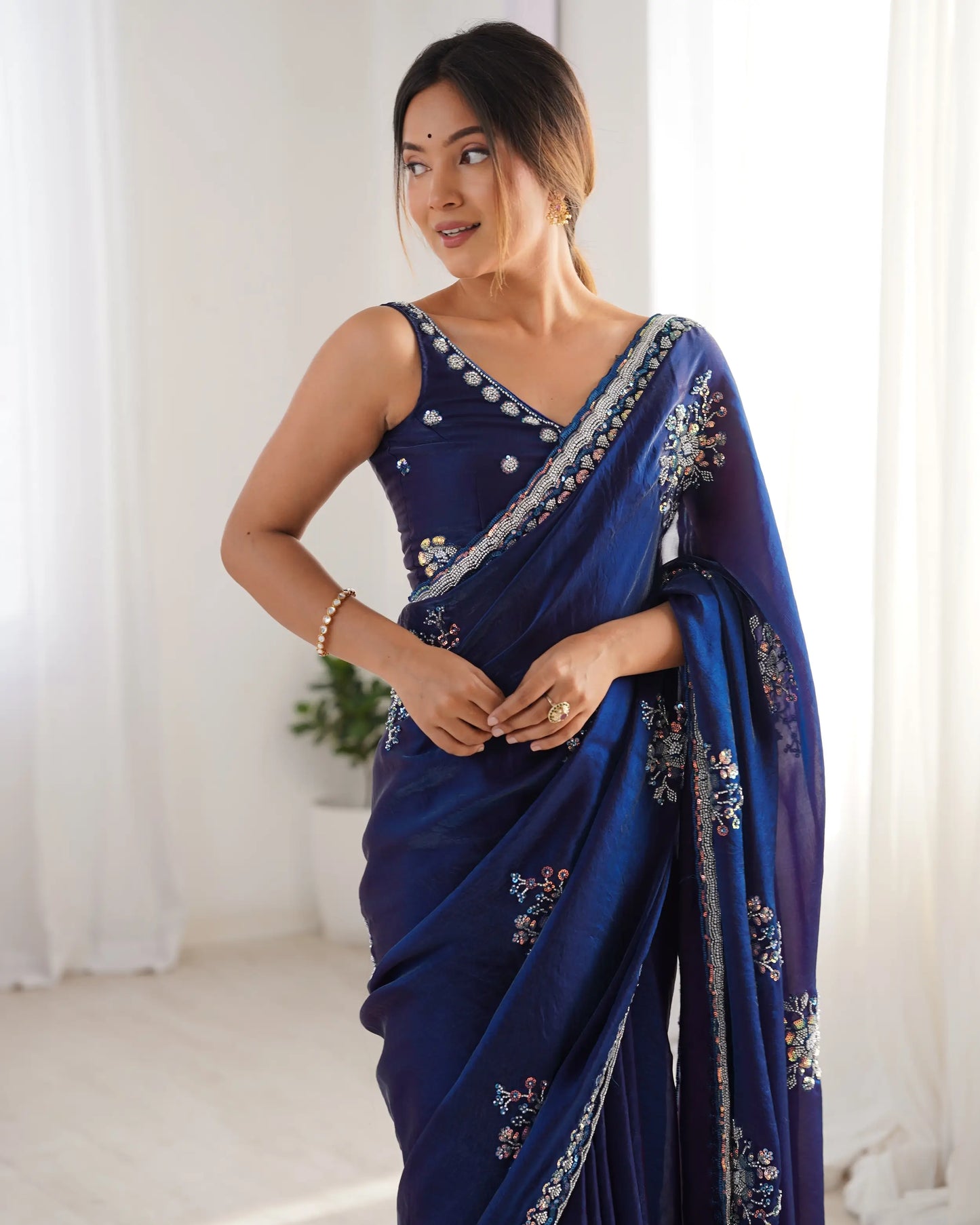 Midnight Blue Fendi Silk Hand Work Saree