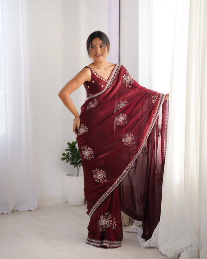 Maroon Fendi Silk Hand Work Saree