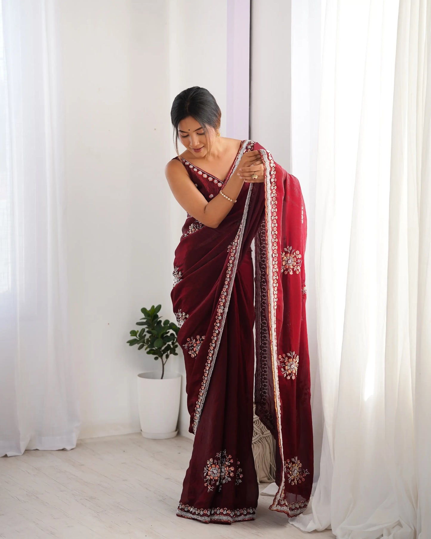 Maroon Fendi Silk Hand Work Saree