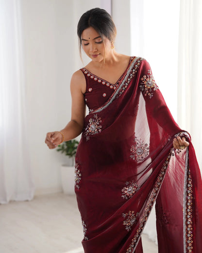 Maroon Fendi Silk Hand Work Saree
