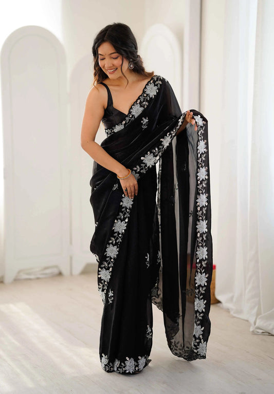 Shiny Black Hand Work Party Wear Saree