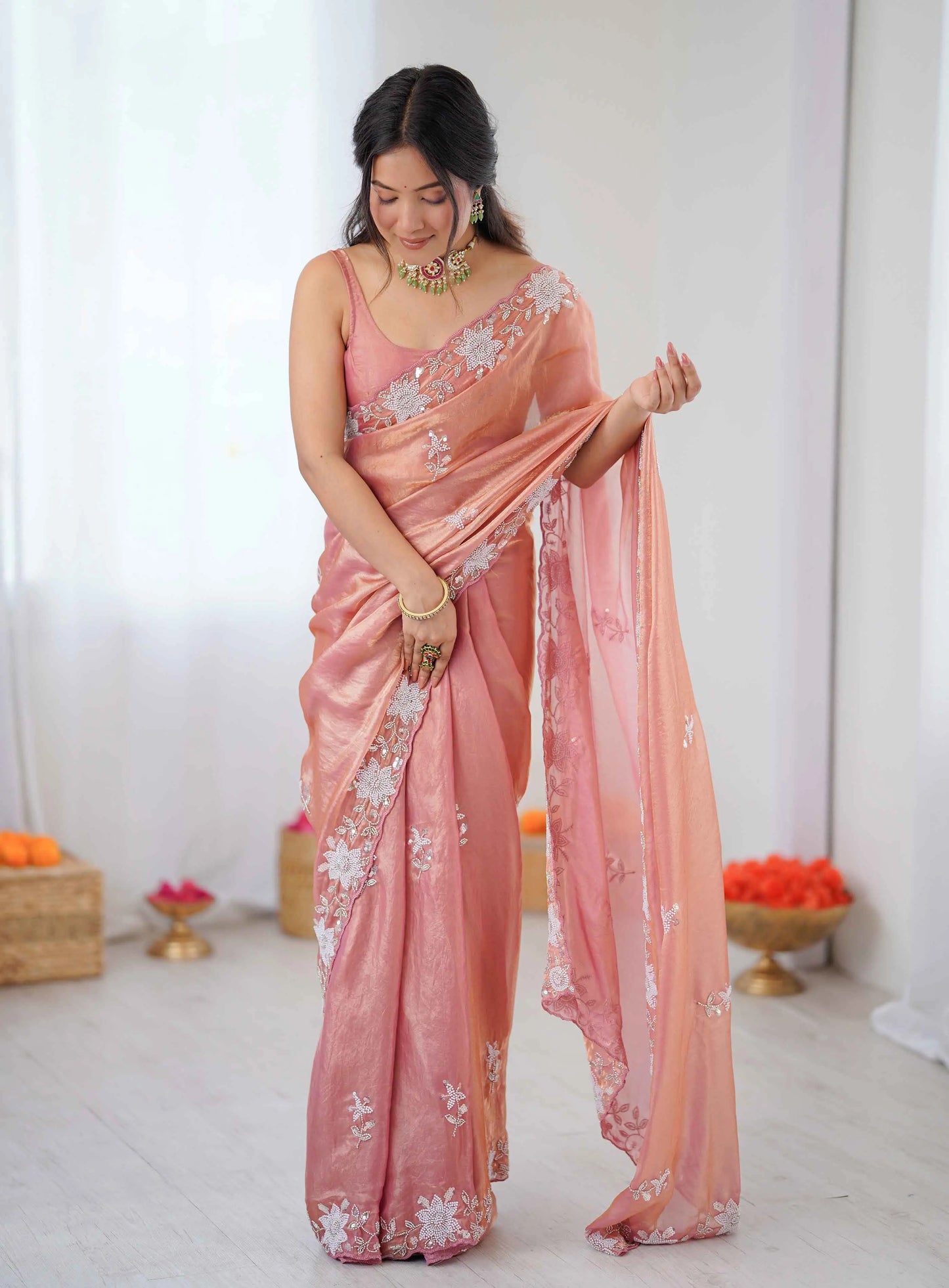 Shiny Peach Hand Work Party Wear Saree