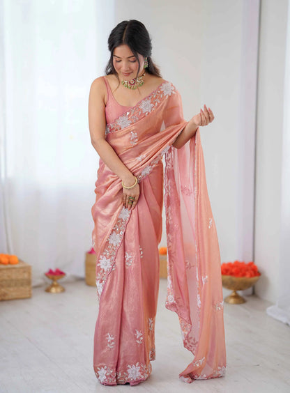 Shiny Peach Hand Work Party Wear Saree