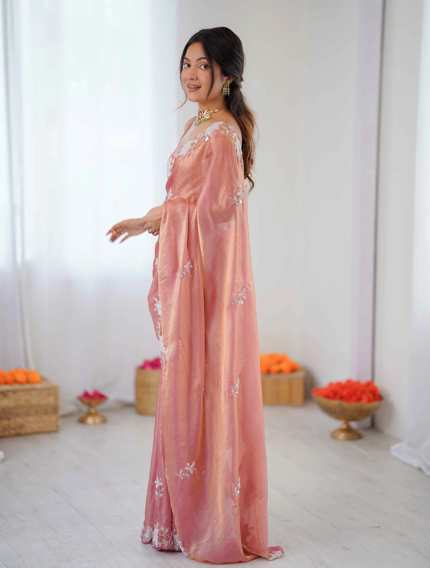 Shiny Peach Hand Work Party Wear Saree