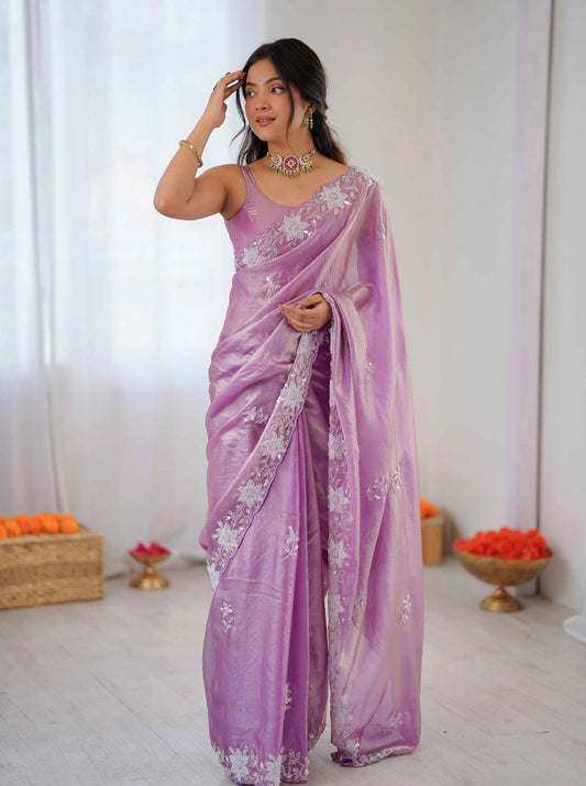 Shiny Purple Hand Work Party Wear Saree