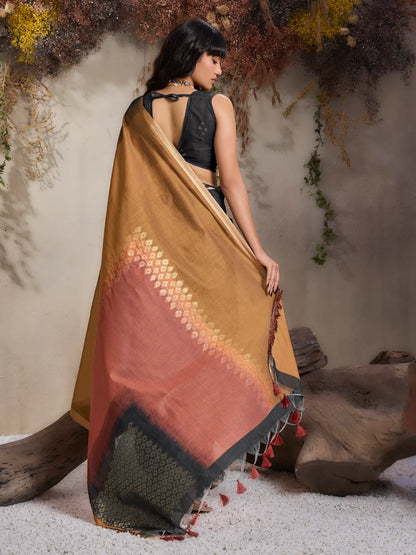 Mustard-Orange Handloom Cotton Saree