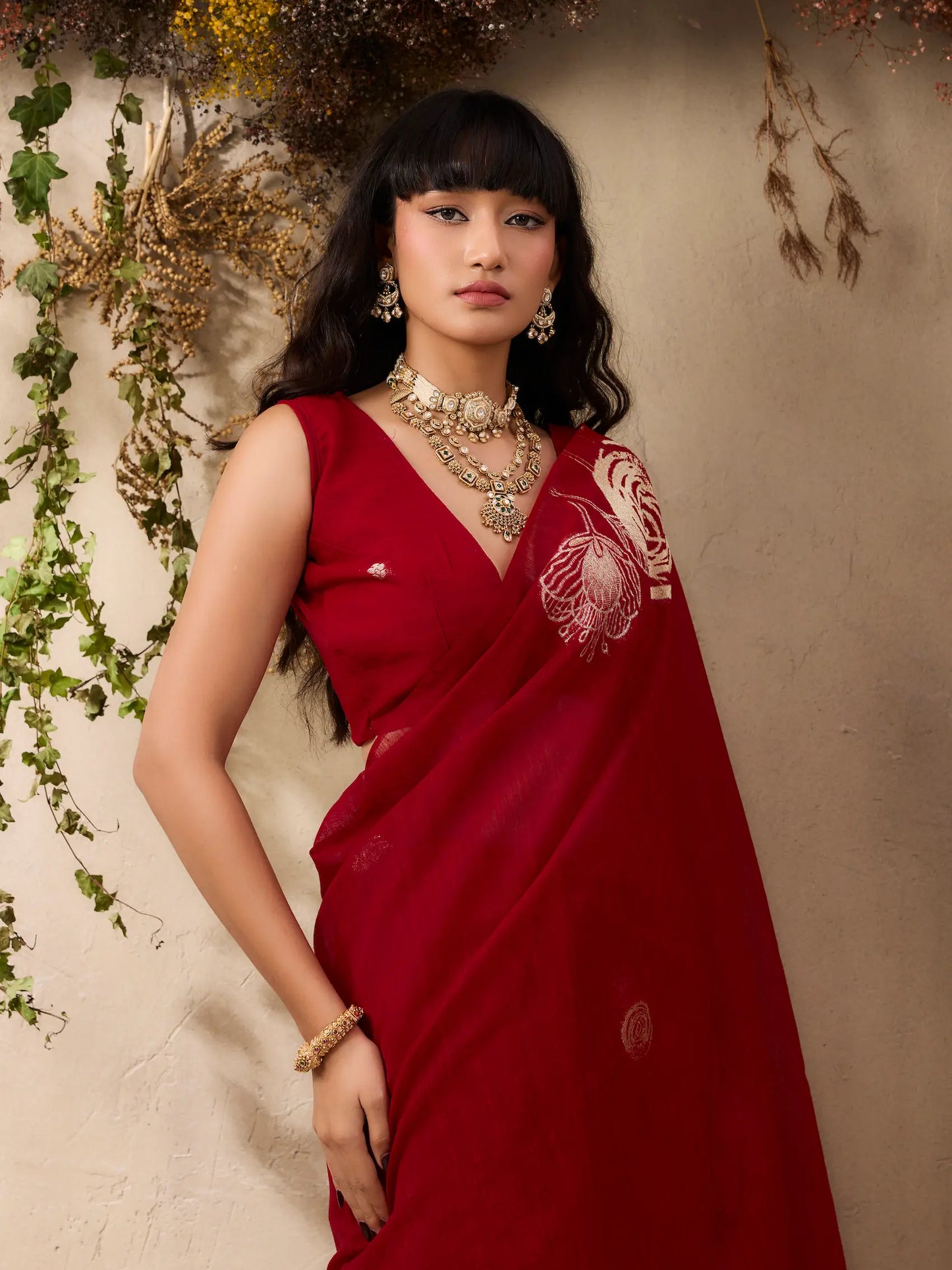 Crimson Red Zari Weaving Silk Saree