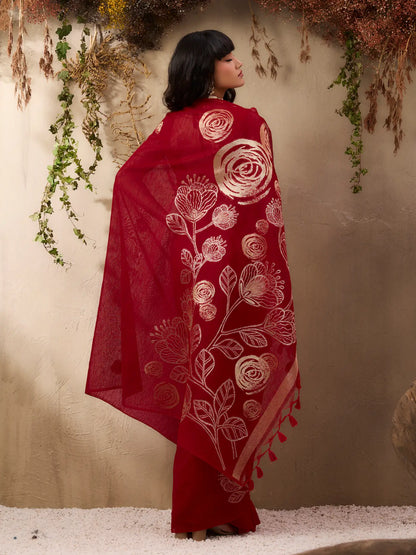 Crimson Red Zari Weaving Silk Saree