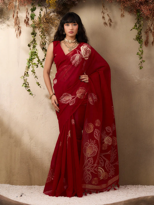 Crimson Red Zari Weaving Silk Saree
