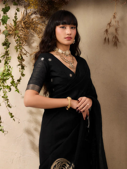 Hot Black Zari Weaving Silk Saree