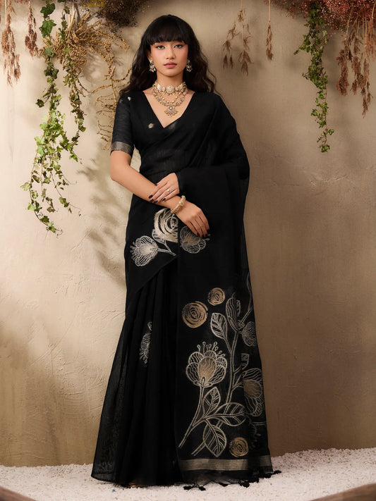 Hot Black Zari Weaving Silk Saree