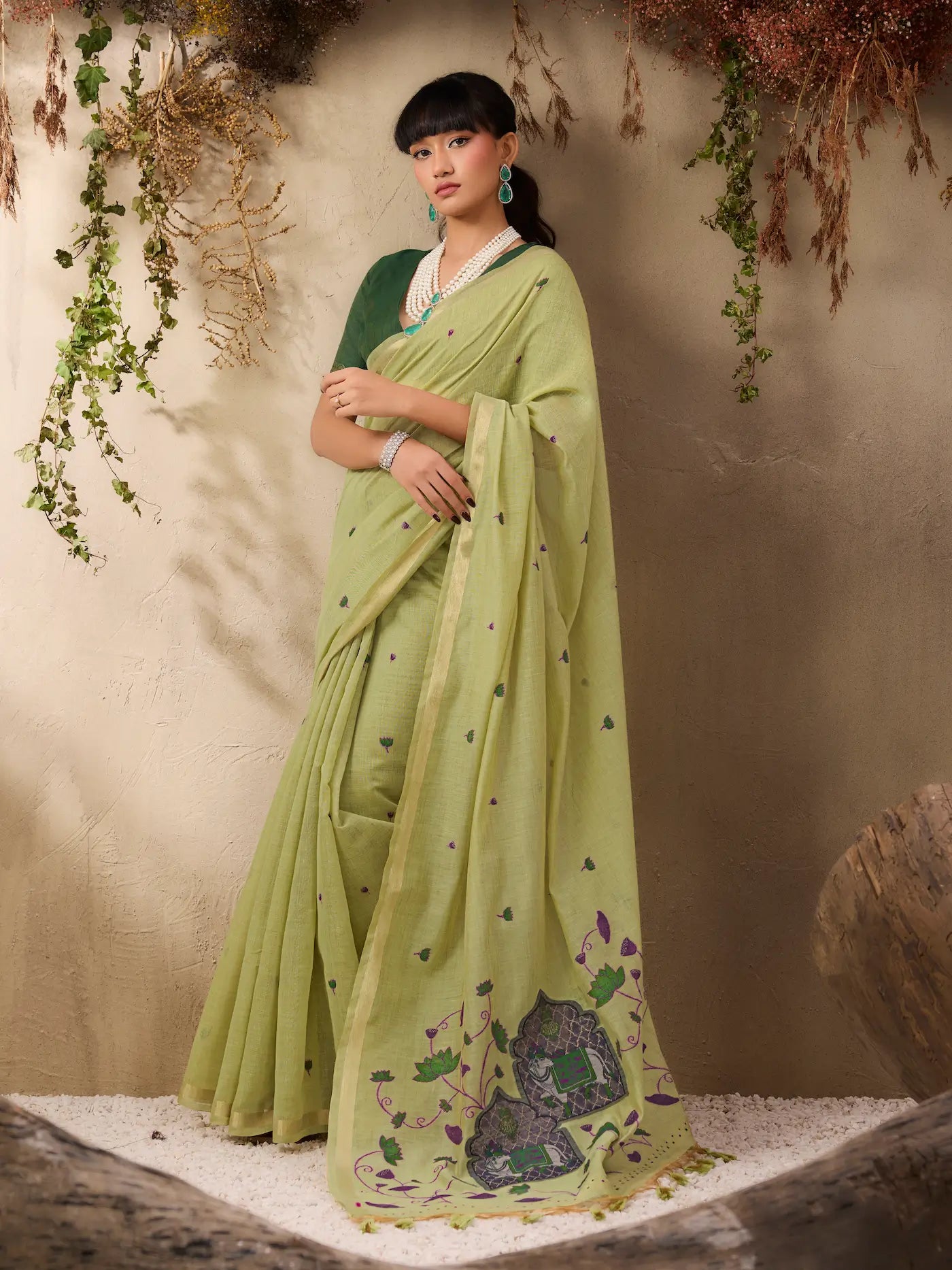 Tea Green Cotton Weaving Saree