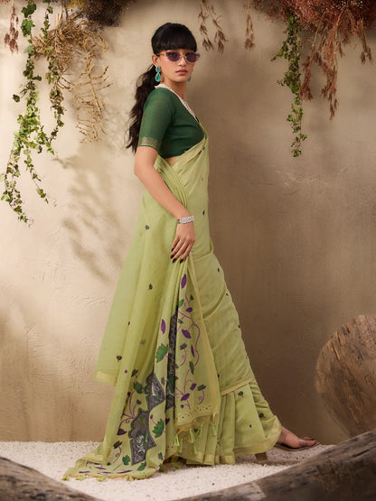 Tea Green Cotton Weaving Saree