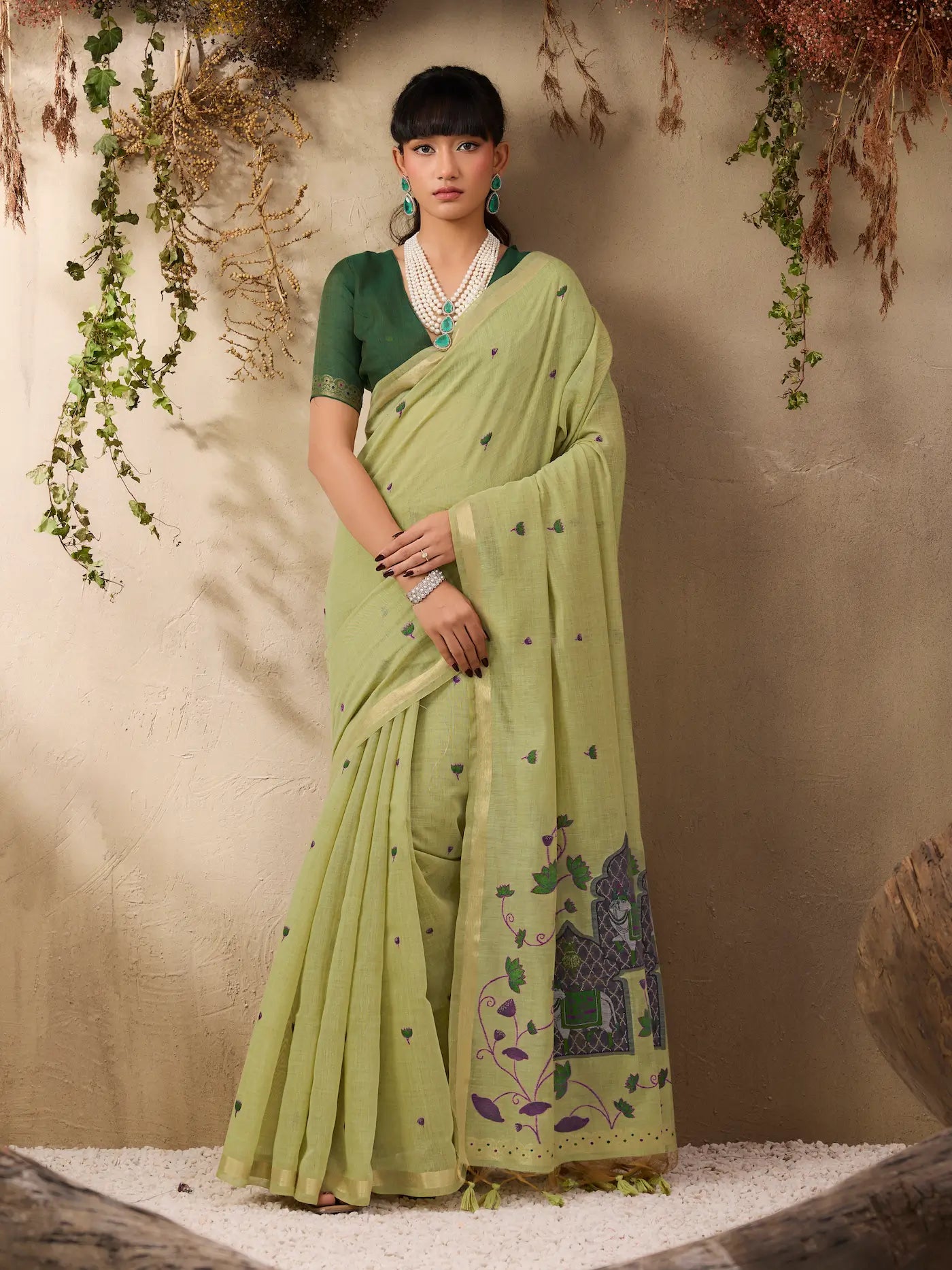 Tea Green Cotton Weaving Saree
