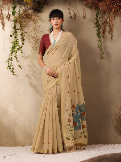 Tan Beige Cotton Weaving Saree