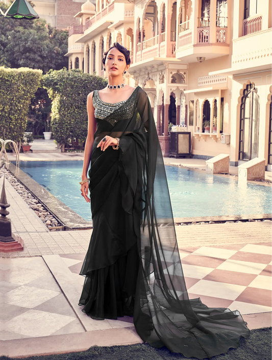 Hot Black Organza Ruffle Saree With Embroidered Blouse