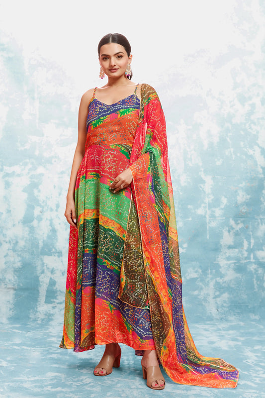 MultiColor Bandhani Printed Georgette Gown With Dupatta