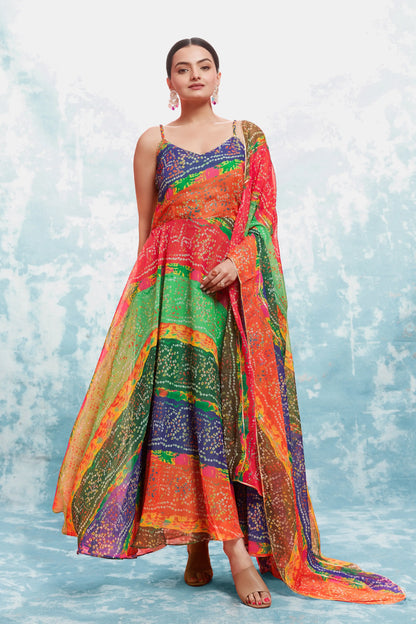 MultiColor Bandhani Printed Georgette Gown With Dupatta