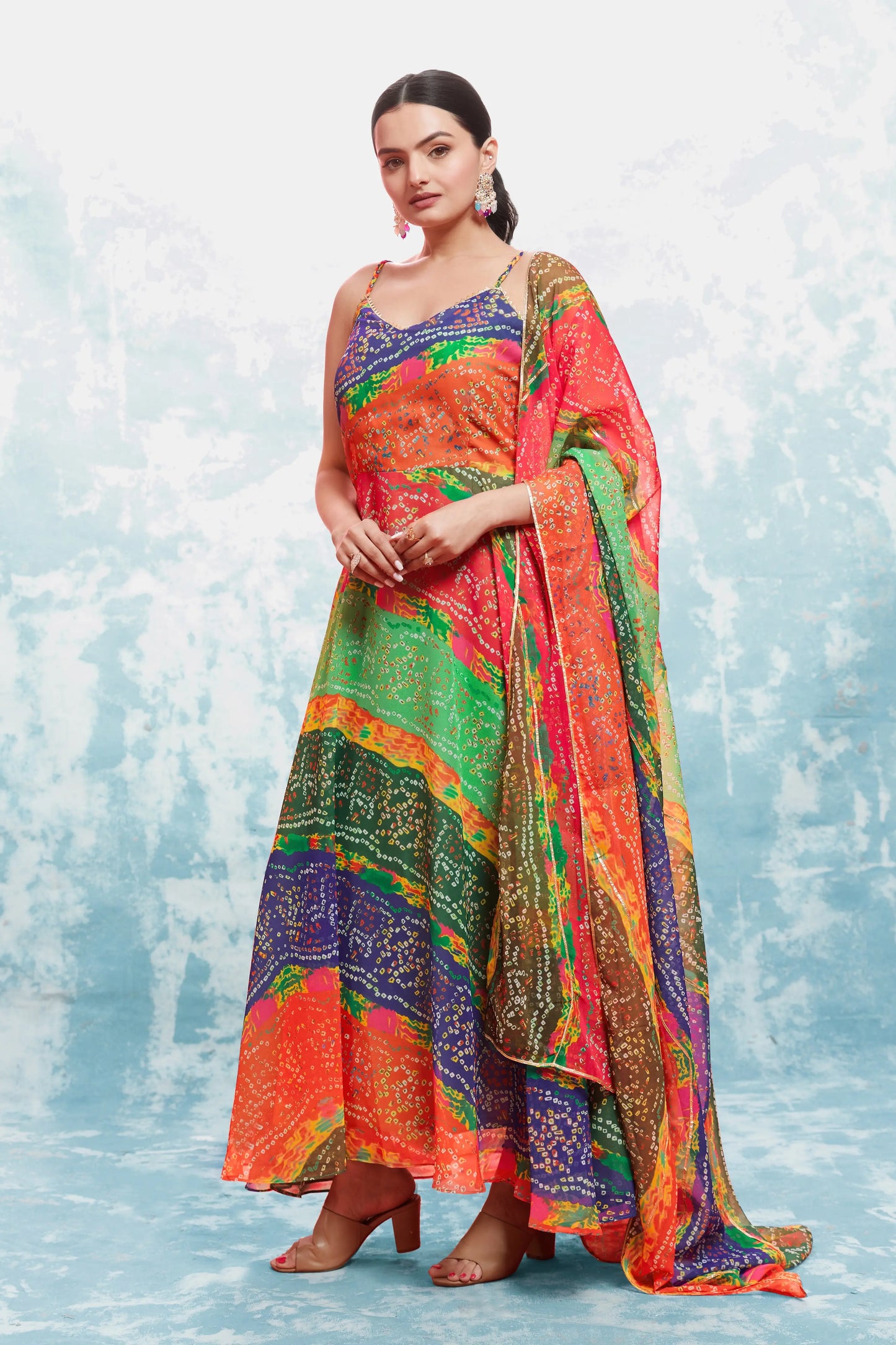 MultiColor Bandhani Printed Georgette Gown With Dupatta