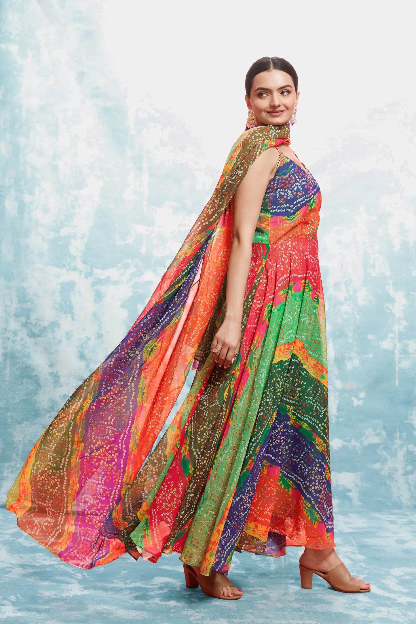 MultiColor Bandhani Printed Georgette Gown With Dupatta