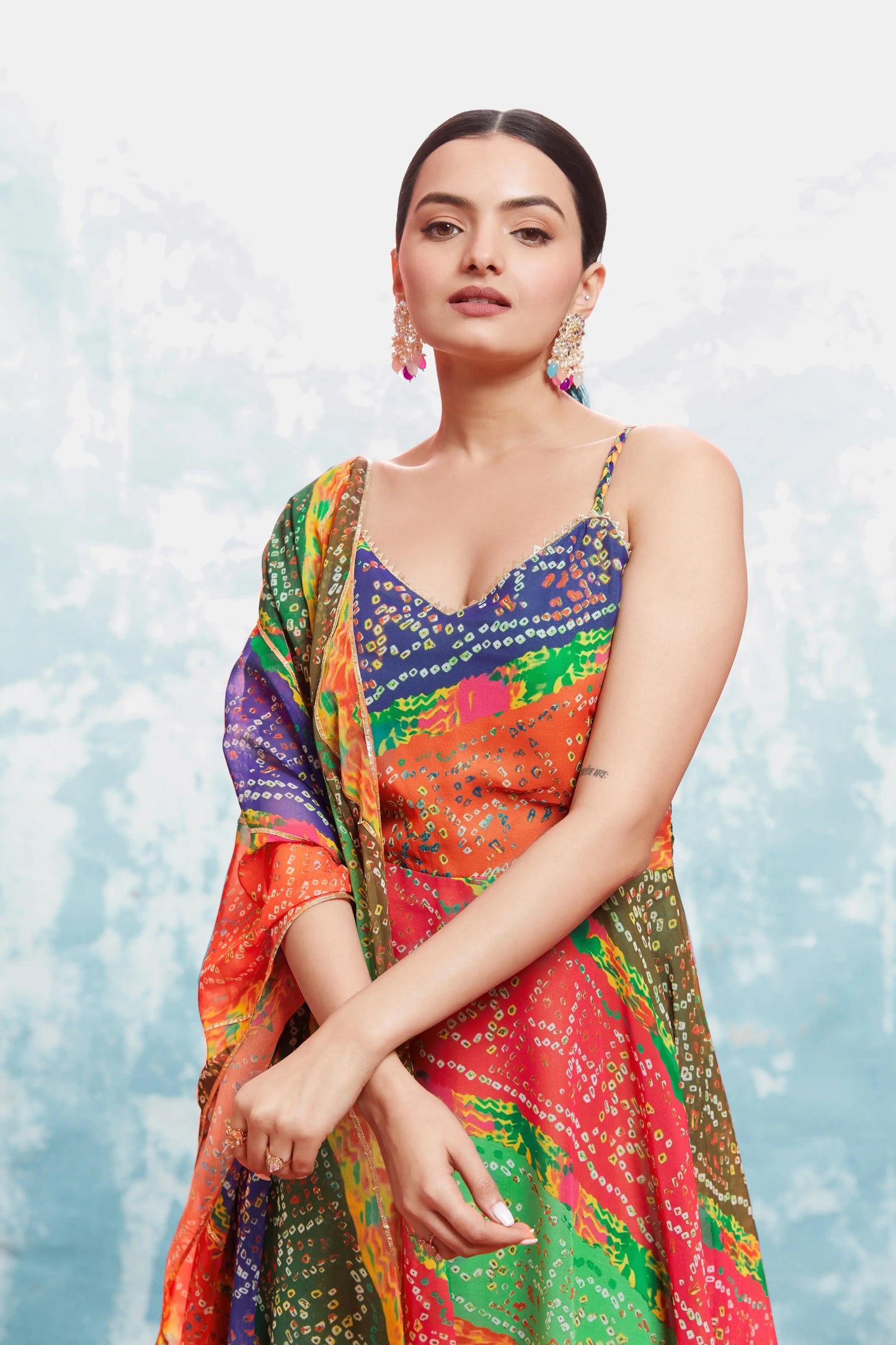 MultiColor Bandhani Printed Georgette Gown With Dupatta