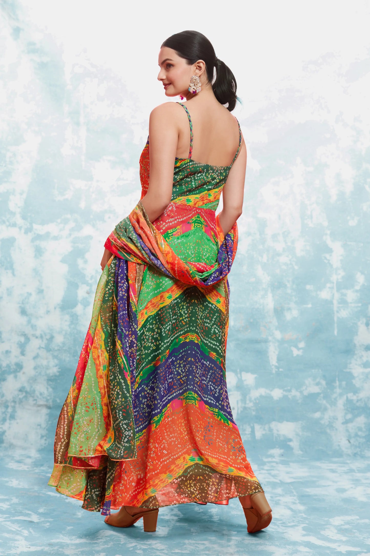 MultiColor Bandhani Printed Georgette Gown With Dupatta