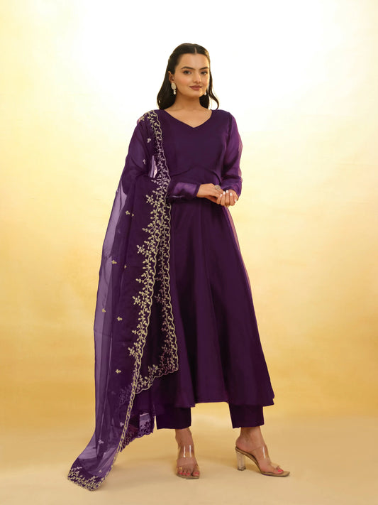 Plum Purple Organza Salwar Suit With Dupatta