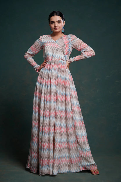 Pink And Gray Printed Georgette Gown