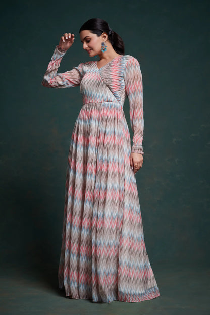 Pink And Gray Printed Georgette Gown