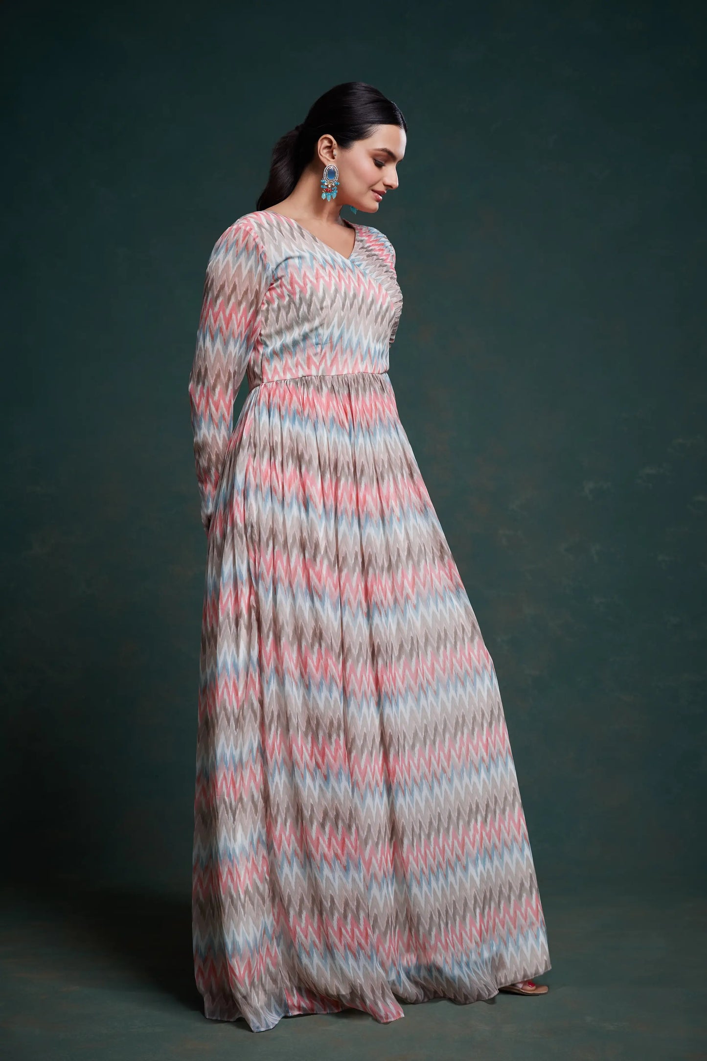 Pink And Gray Printed Georgette Gown