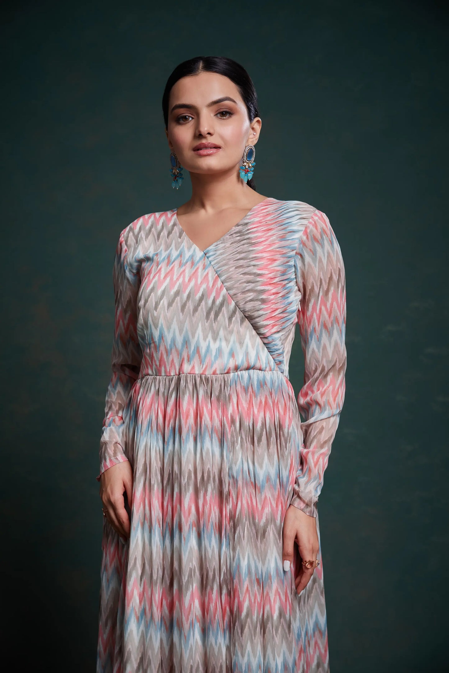 Pink And Gray Printed Georgette Gown