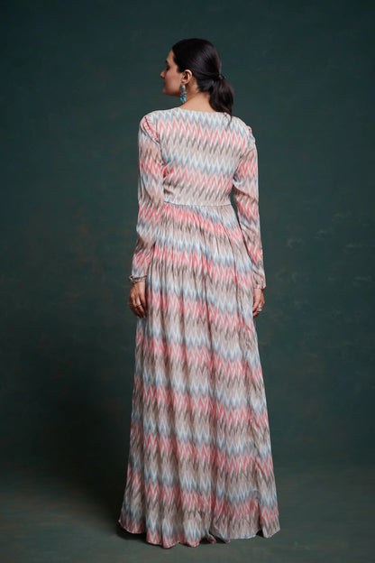 Pink And Gray Printed Georgette Gown