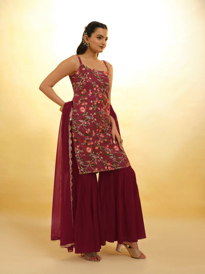 Cherry Red Georgette Salwar Suit With Dupatta