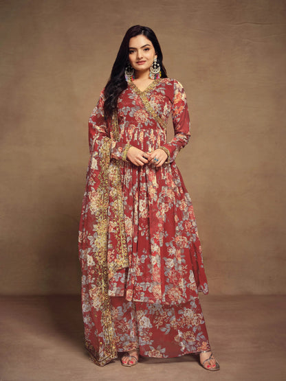 Cherry Red Chiffon Printed Salwar Suit With Dupatta