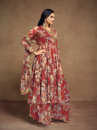 Cherry Red Chiffon Printed Salwar Suit With Dupatta