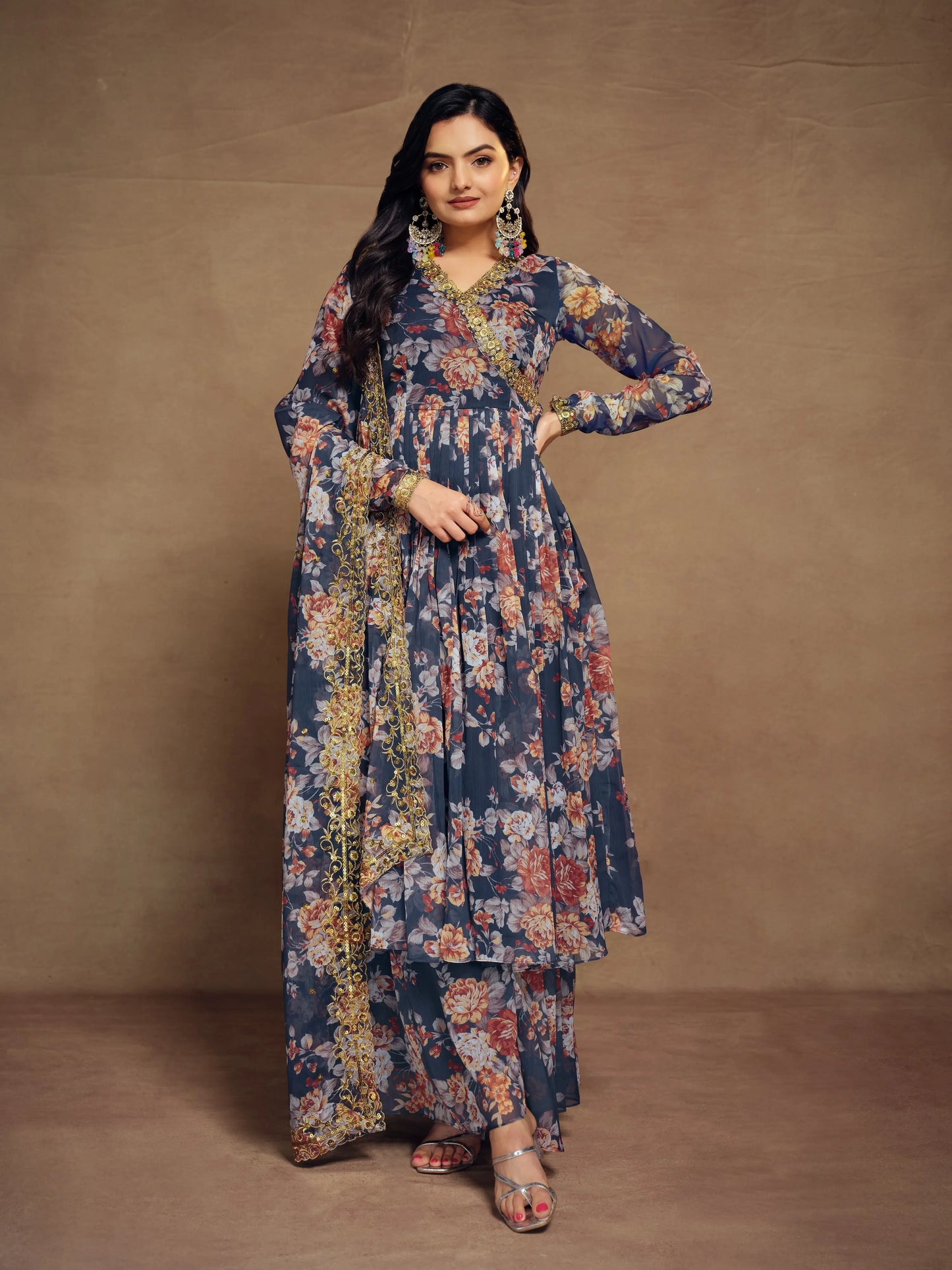 Navy Blue Chiffon Printed Salwar Suit With Dupatta