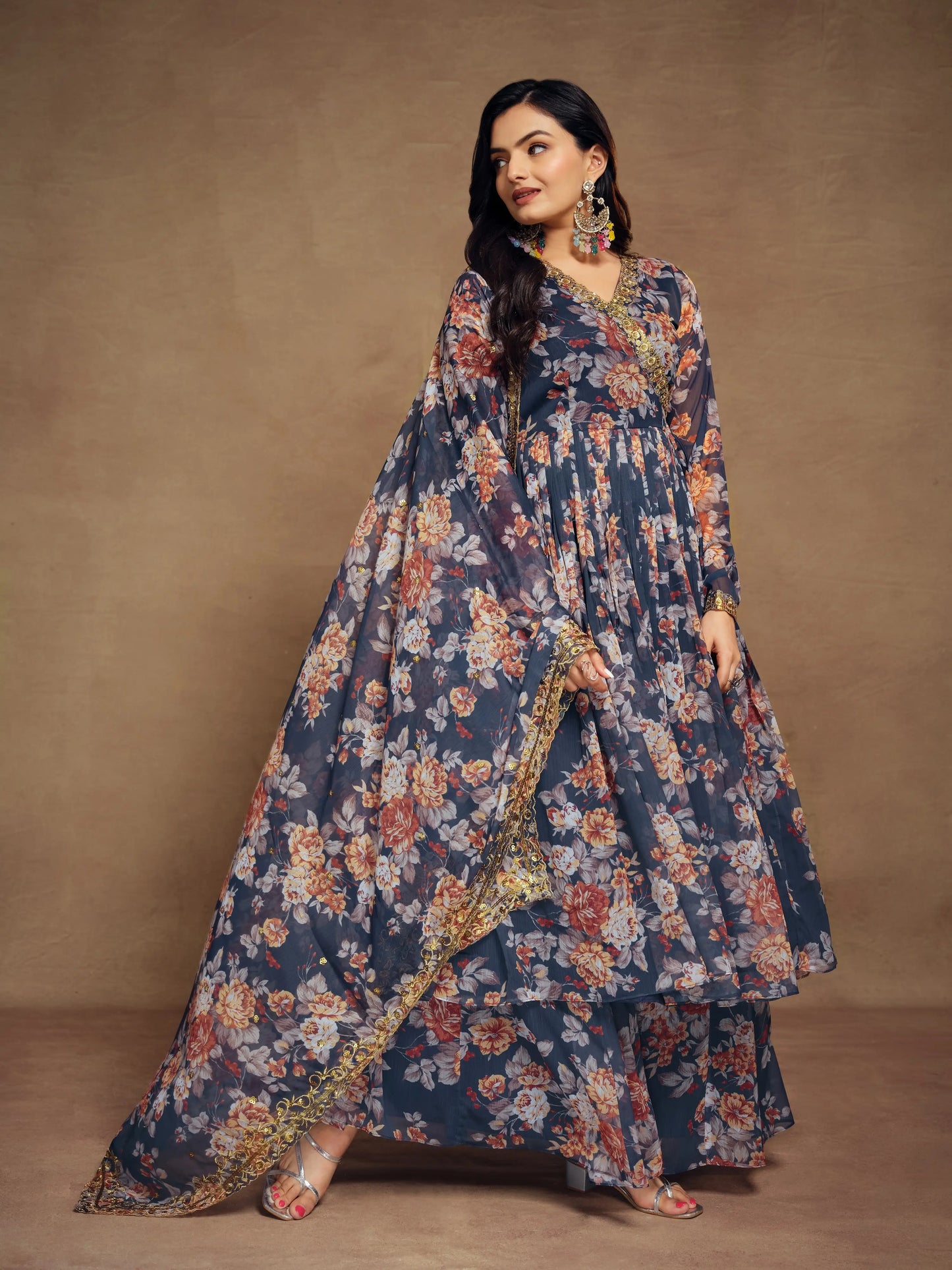 Navy Blue Chiffon Printed Salwar Suit With Dupatta