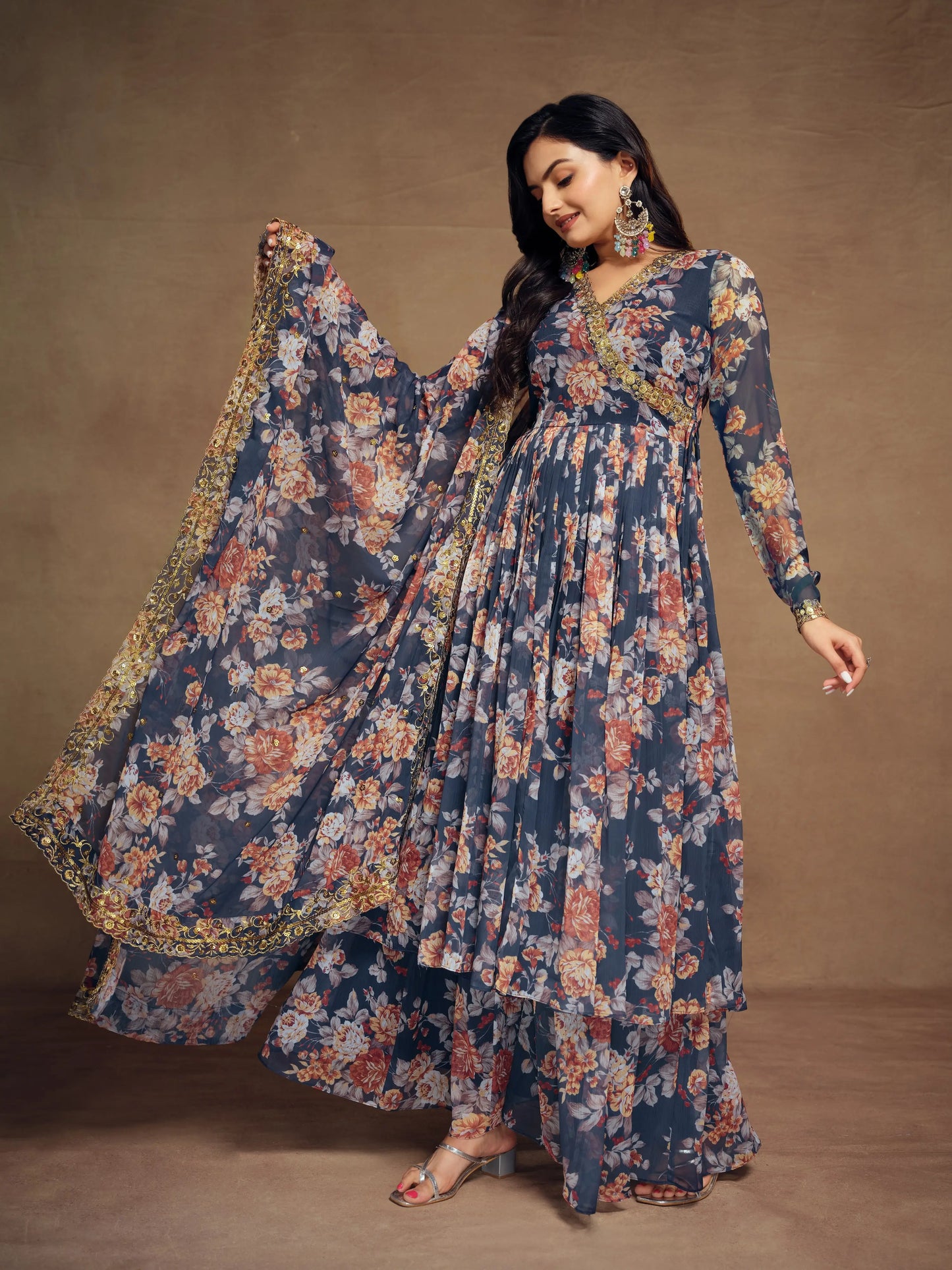 Navy Blue Chiffon Printed Salwar Suit With Dupatta