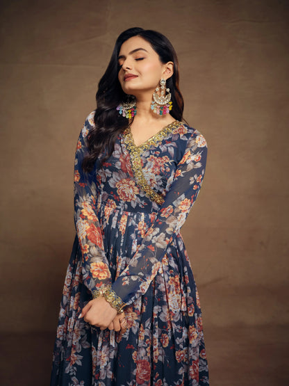 Navy Blue Chiffon Printed Salwar Suit With Dupatta