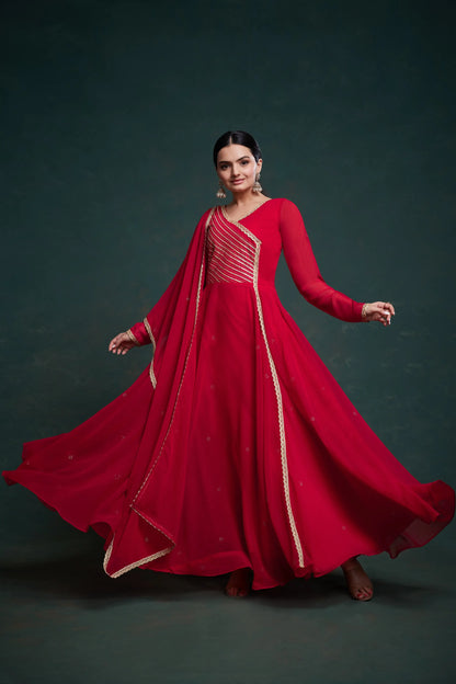 Red Georgette Gown With Dupatta