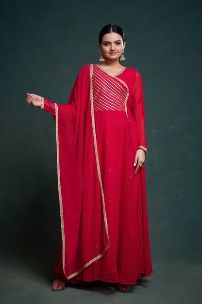 Red Georgette Gown With Dupatta