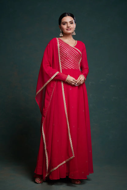 Red Georgette Gown With Dupatta