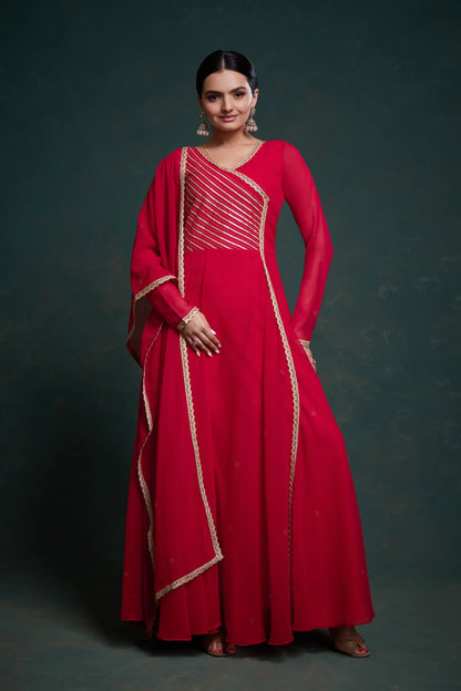 Red Georgette Gown With Dupatta