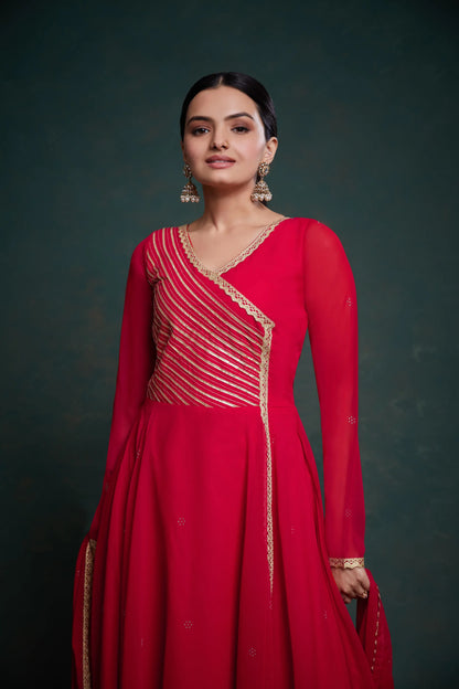 Red Georgette Gown With Dupatta