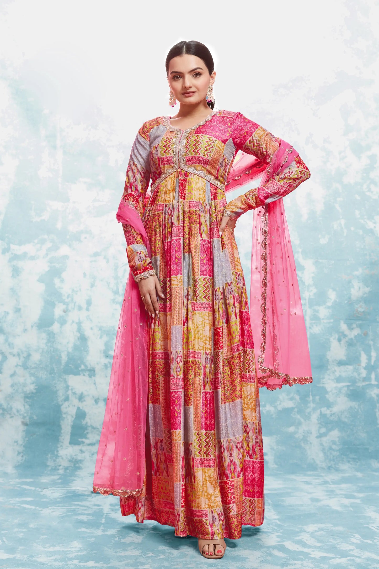 Pink And Yellow Printed Gown With Dupatta