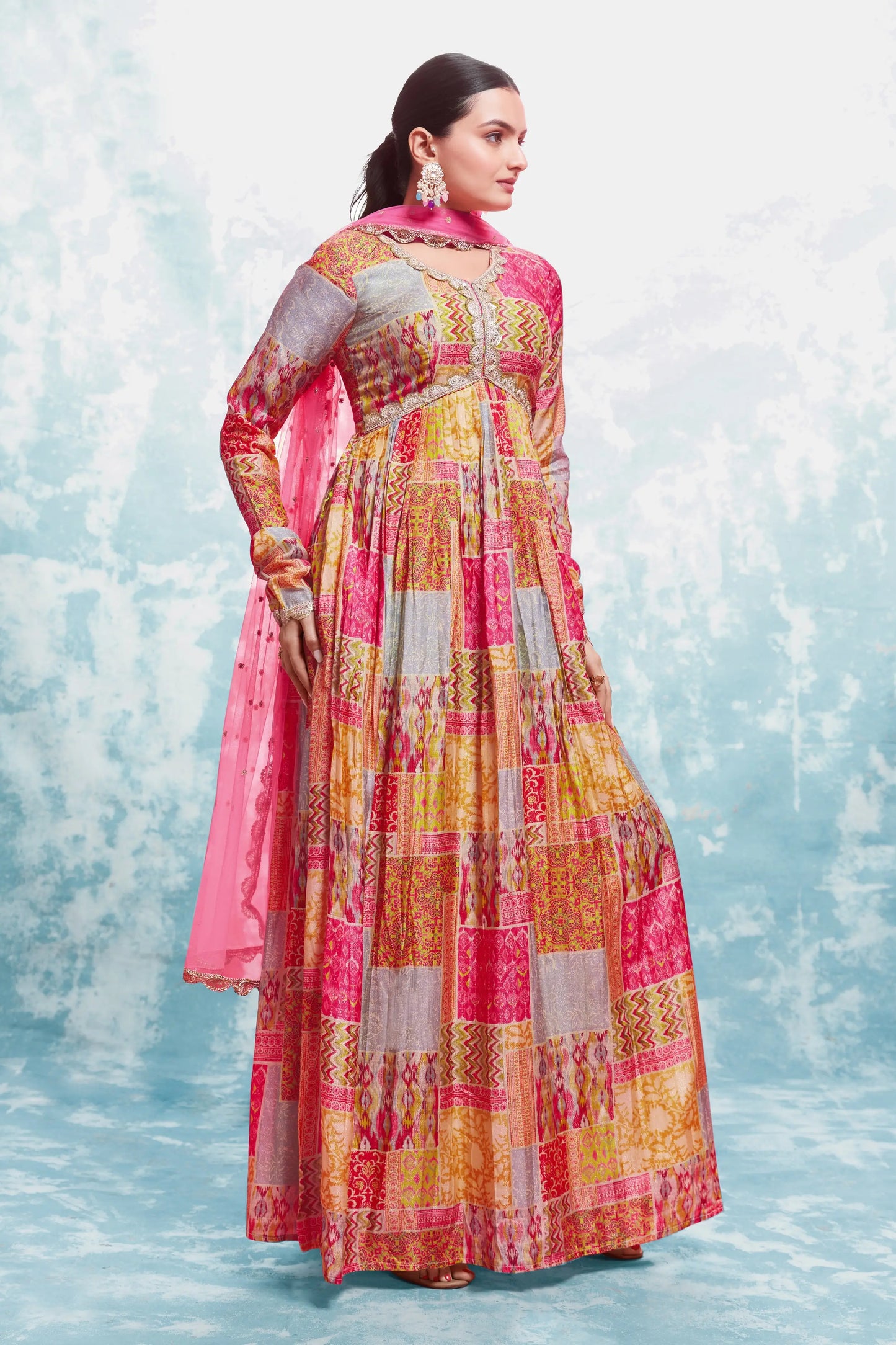 Pink And Yellow Printed Gown With Dupatta