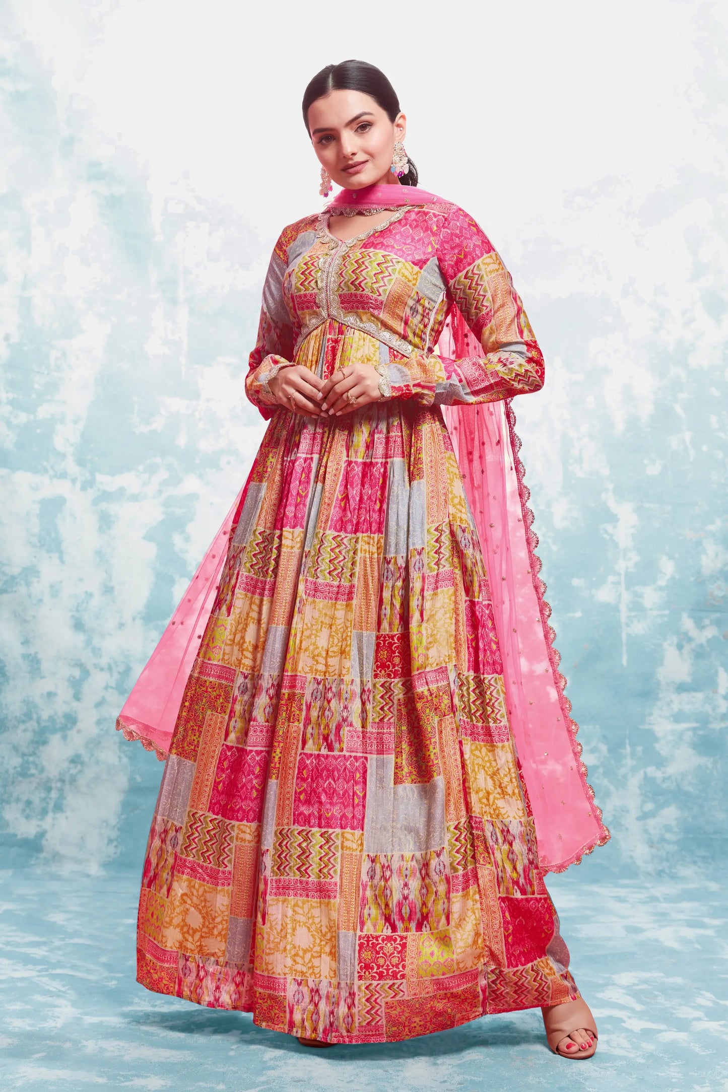 Pink And Yellow Printed Gown With Dupatta